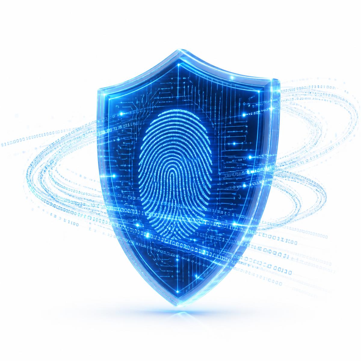 Holographic blue security shield representing encrypted account handover